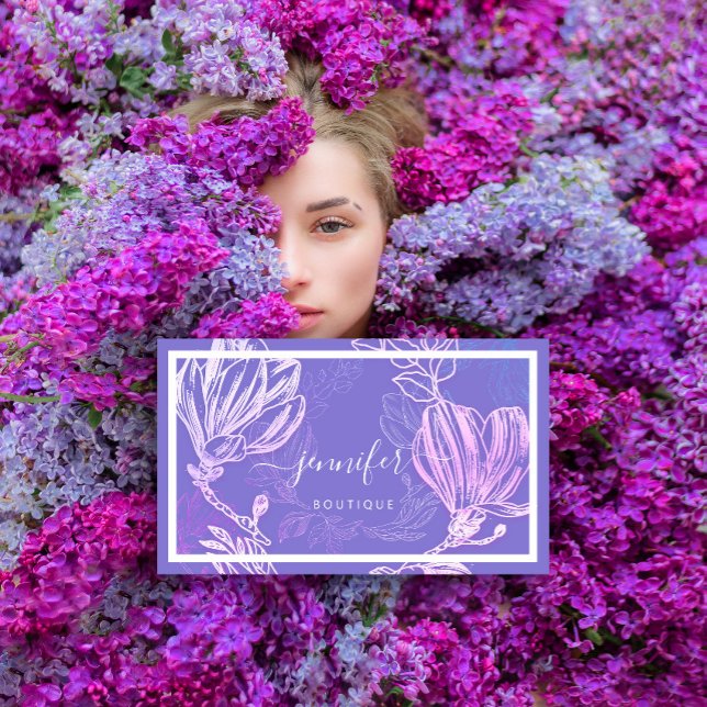 Carte De Visite Code QR du cadre de fleurs Logo personnalisé Lilac (Flower Frame QR Code Custom Logo Purple Lilac Business Card)