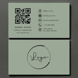 Carte De Visite Code QR du logo Vert Sage de l'assistant virtuel