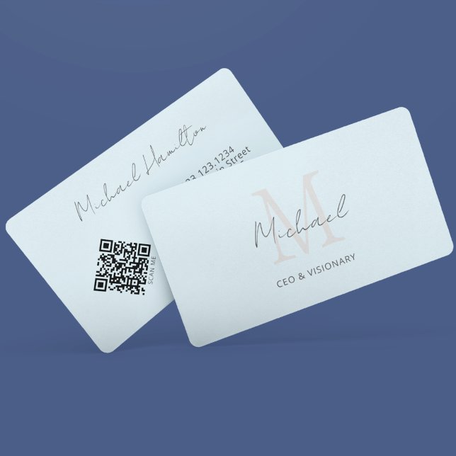 Carte De Visite Code QR du monogramme bleu clair (Créateur téléchargé)
