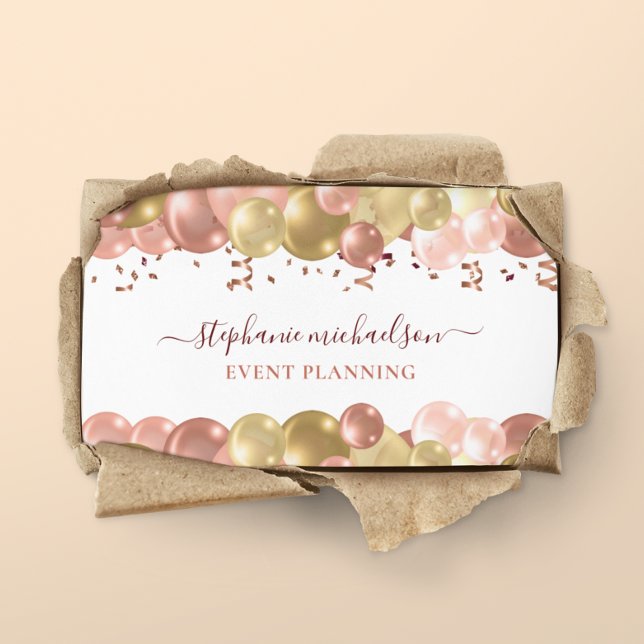 Carte De Visite Code QR du Rose du planificateur de parti (Party Planner Rose Gold Balloon QR Code Business Card)