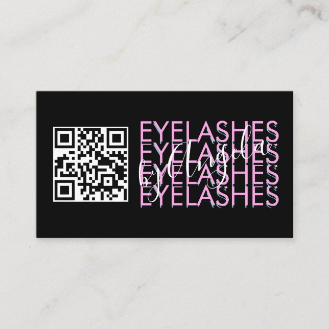 Carte De Visite Code QR du Salon de Cils Rose Noir Script (Devant)