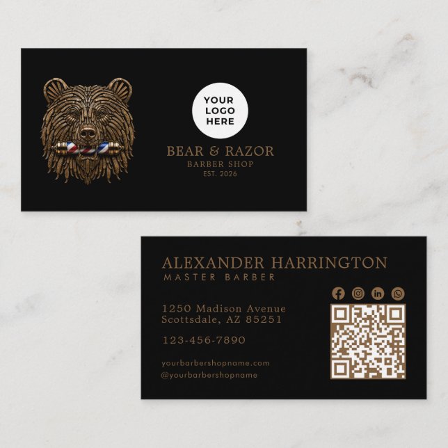 Carte De Visite Code Qr du Salon de Coiffure Bronze Bear Professio (Devant / Derrière)