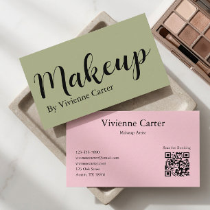 Carte De Visite Code QR du Salon de Maquillage Olive Green Pink Sc