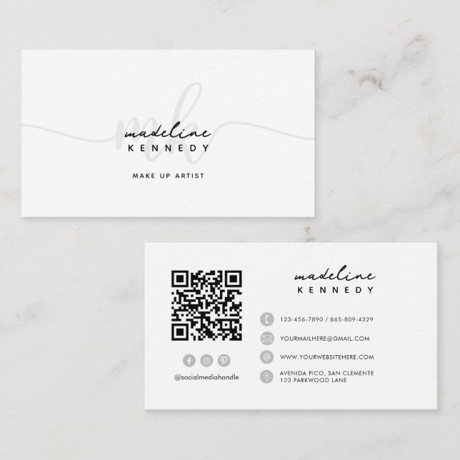 Carte De Visite Code QR du script de monogramme noir blanc (Devant / Derrière)
