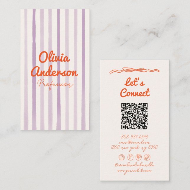 Carte De Visite Code QR Écrit main violet orange blanc Boho (Devant / Derrière)