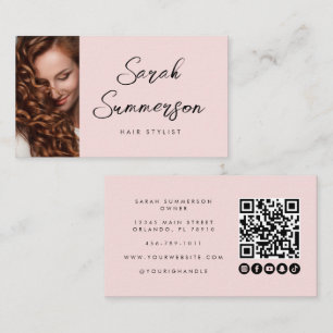 Carte De Visite Code QR écriture moderne rose noir Coiffeur