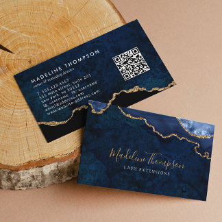 Carte De Visite Code QR élégant Marine Marbre Bleu Agate Géode