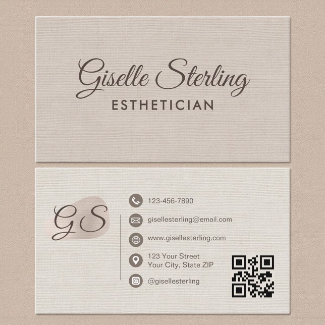 Carte De Visite Code QR élégant moderne beige de l'esthéticienne e (Créateur téléchargé)