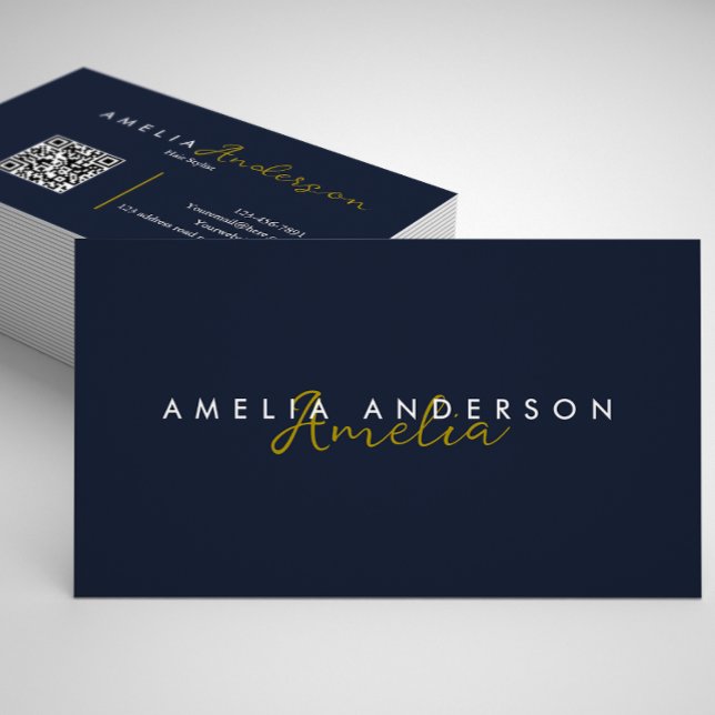 Carte De Visite Code QR élégant Simple Navy Blue Gold Script (Créateur téléchargé)