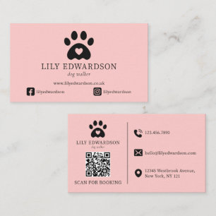 Carte De Visite Code QR Empreinte de Patte Garde de Chien Rose Gar
