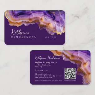 Carte De Visite Code QR en marbre violet moderne agate & paillette