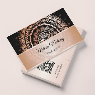 Carte De Visite Code QR en or noir Mandala rose