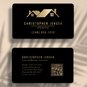 Carte De Visite Code QR Entreprise de Toiture Noir Or Arrondi
