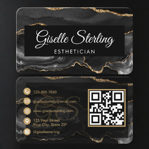 Carte De Visite Code QR Esthéticienne Agate Noire Or Luxe