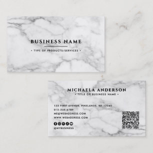 Carte De Visite Code QR et Réseaux Sociaux en Marbre Blanc Élégant
