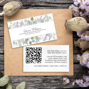 Carte De Visite Code QR Eucalyptus et Lavande Aquarelle Rustique