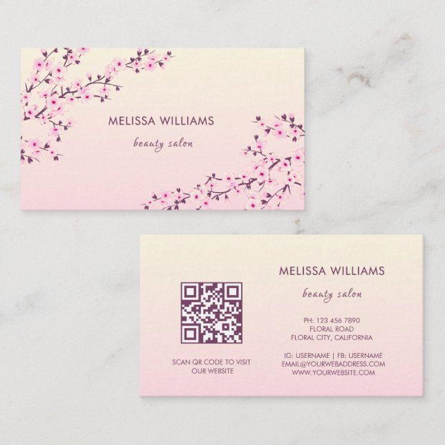 Carte De Visite Code QR | Fleur de cerisier rose (Devant / Derrière)
