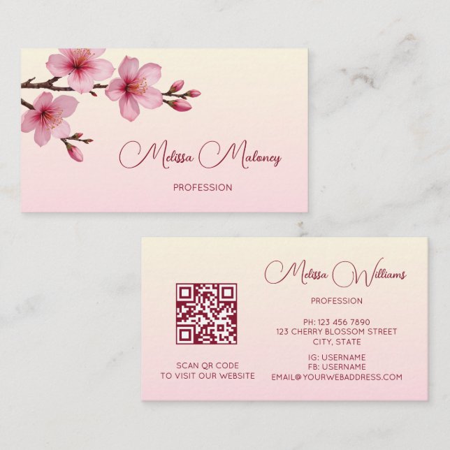 Carte De Visite Code QR | Fleur de cerisier rose (Devant / Derrière)