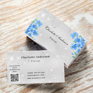 Carte De Visite Code QR floral bleu parties scintillant argenté