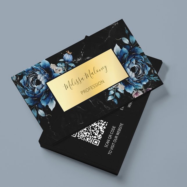 Carte De Visite Code QR | Floral Boho bleu aquarelle (Créateur téléchargé)