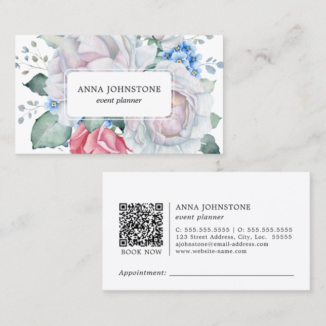 Carte De Visite Code QR floral élégant | Nomination (Devant / Derrière)