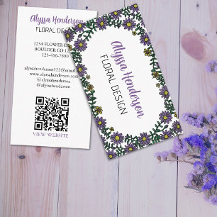 Carte De Visite Code QR Floral Élégant Violet & Blanc pour Fleuris
