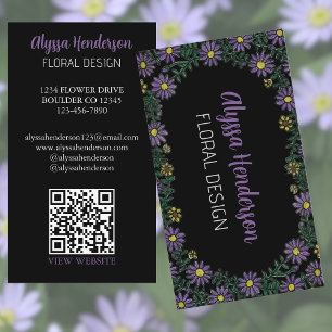 Carte De Visite Code QR Floral Élégant Violet et Jaune Fleuriste