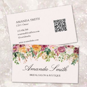 Carte De Visite Code QR floral rose aquarelle calligraphie élégant