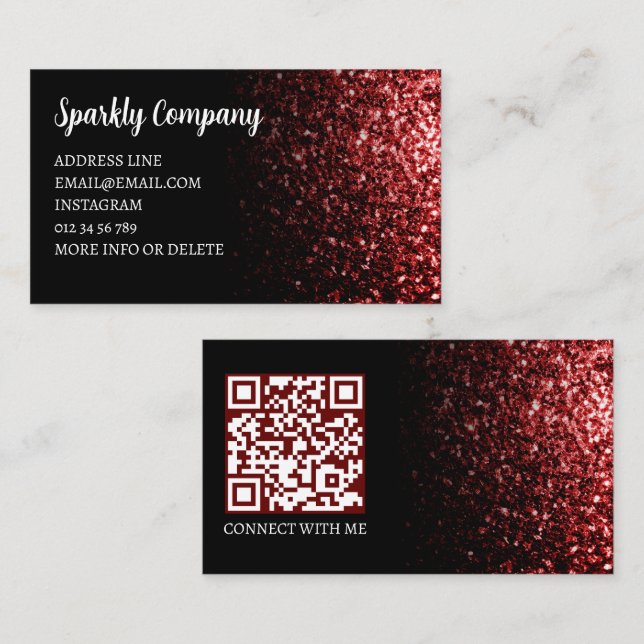 Carte De Visite Code QR foncé rouge faux brillant noir élégant (Devant / Derrière)