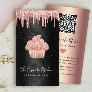 Carte De Visite Code QR Gouttes de Paillettes de Cupcake Rose sur 