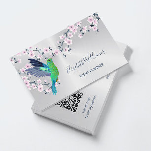 Carte De Visite Code QR   Hummingbird Cherry Blossom Silver