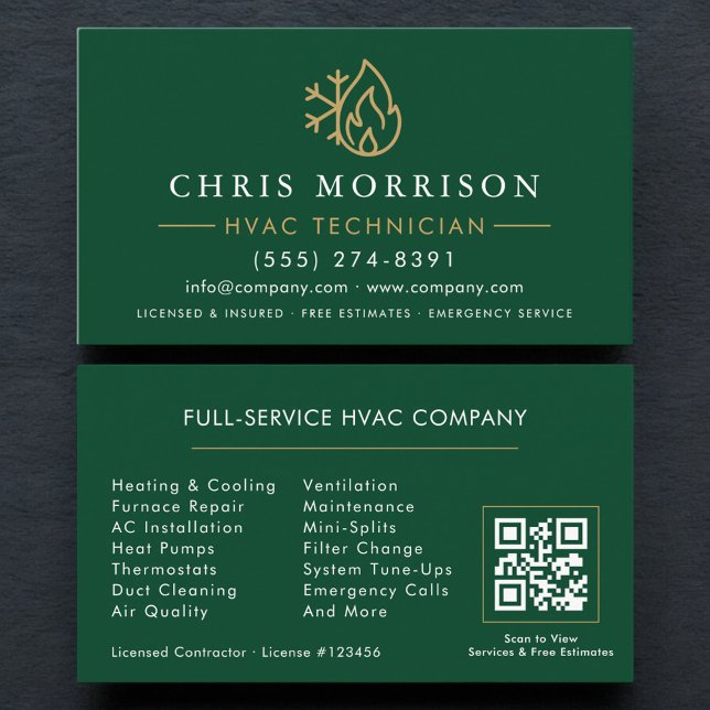 Carte De Visite Code QR HVAC Vert Moderne Or (Créateur téléchargé)