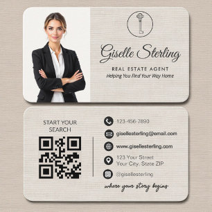 Carte De Visite Code QR immobilier minimaliste en lin