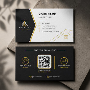 Carte De Visite Code QR Immobilier Moderne Or Noir Luxe