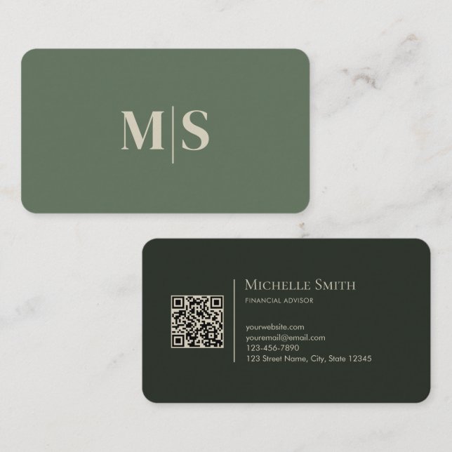 Carte De Visite Code QR initiales vert olive minimaliste moderne (Devant / Derrière)