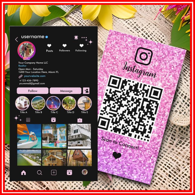 Carte De Visite Code QR Instagram LUXE Paillettes Roses (Créateur téléchargé)