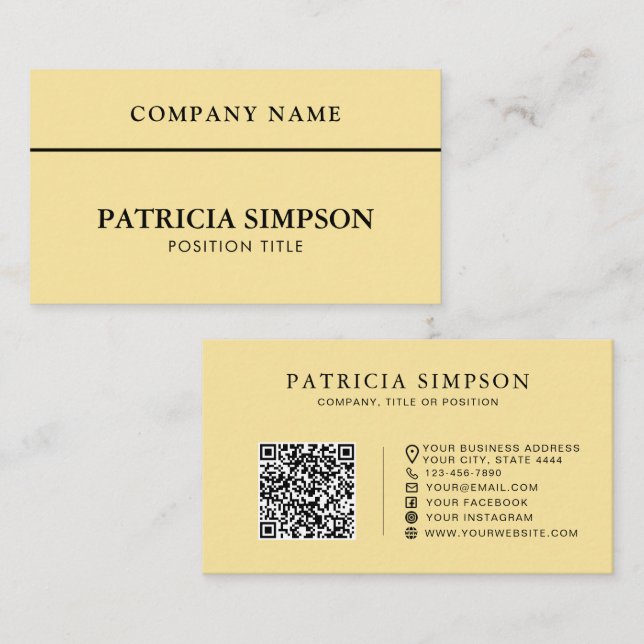 Carte De Visite Code QR jaune pâle doux pour les professionnels mo (Devant / Derrière)