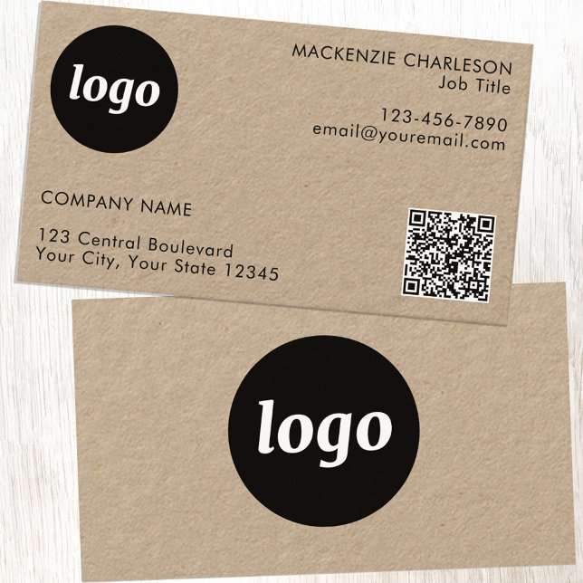 Carte De Visite Code QR Kraft avec logo et texte simple (Logo with QR code custom text Kraft business cards)