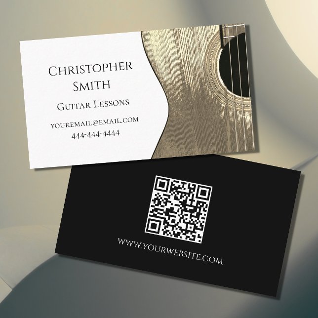 Carte De Visite Code QR Leçons de musique guitare Beige Noir (Créateur téléchargé)