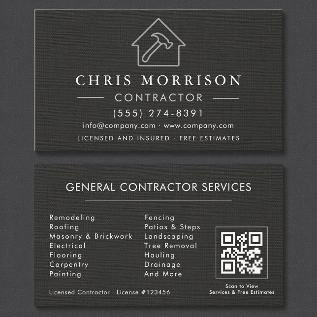 Carte de visite Code QR Linen Noir Argent Construc (Créateur téléchargé)