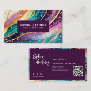 Carte De Visite Code QR & Logo Élégant Agate arc-en-ciel paillette