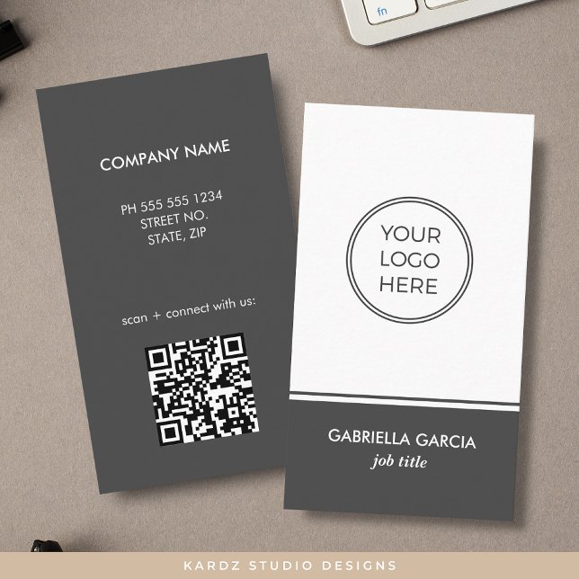Carte de visite code QR Logo générique simple Gris (Front and back of gray business cards shown in 3.5 x 2 in. Personalize with logo, qr code + info.)