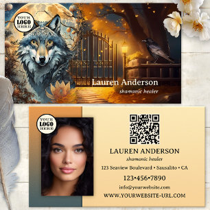 Carte De Visite Code QR Logo Loup Pleine Lune Chaman