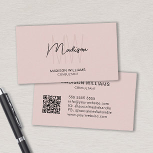 Carte De Visite Code QR Logo Monogramme Moderne Rose Pâle Consulta