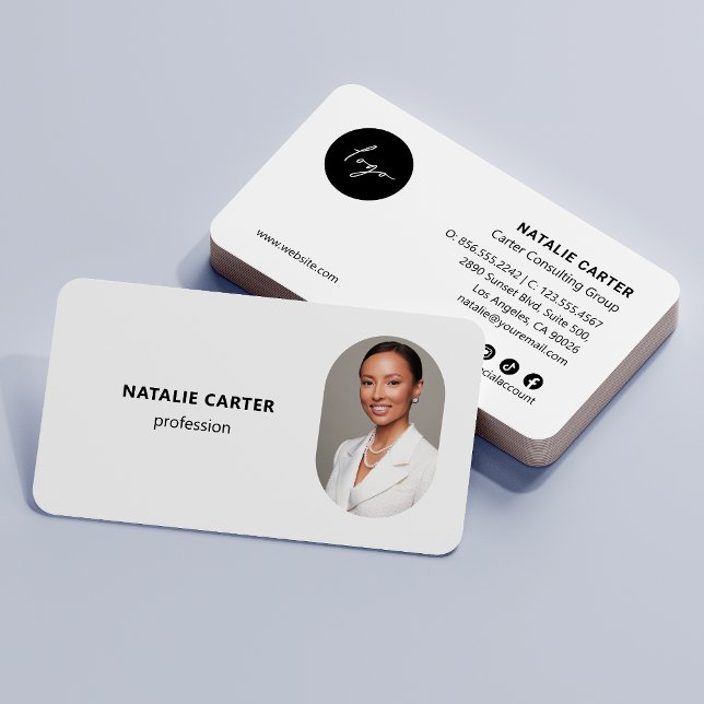 Carte De Visite CODE QR Logo OVAL Photo Professional PLAIN WHITE (Créateur téléchargé)
