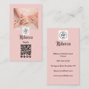 Carte De Visite Code QR Logo Script Rose Pâle Photo Vernis Ongles 