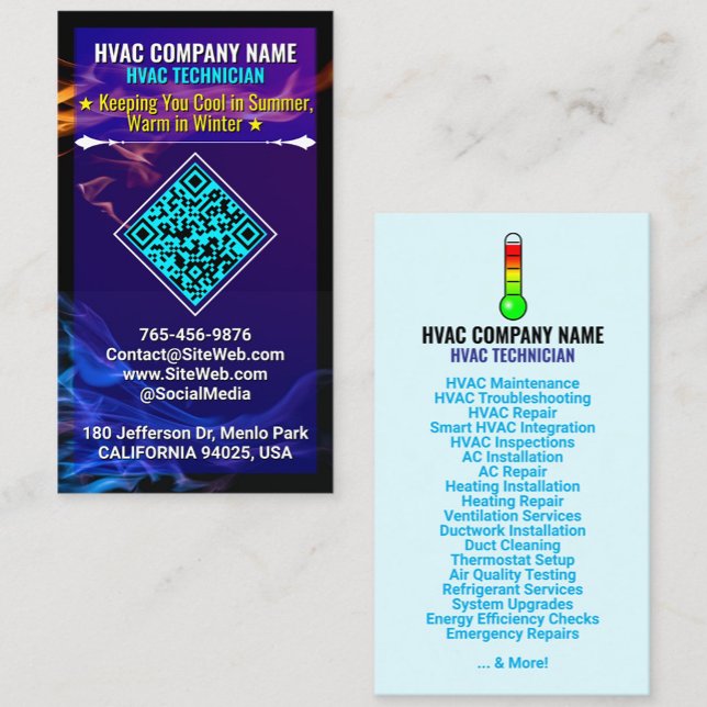 Carte De Visite Code QR, Logo & Slogan | Chauffage et Climatisatio (custom slogan, business logo, and a QR code)