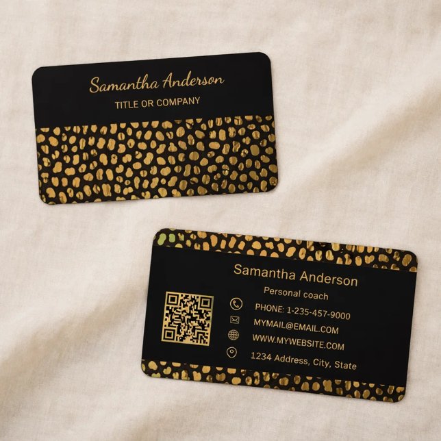 Carte De Visite Code QR luxe impression noir or léopard (Créateur téléchargé)