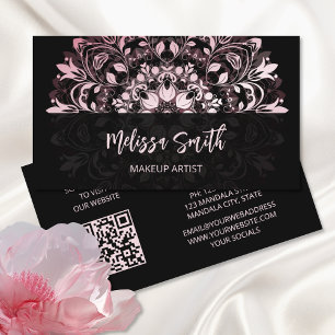 Carte De Visite Code QR Mandala rose brillant noir floral
