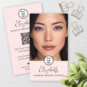 Carte De Visite Code QR Maquillage Logo Noir Écriture Rose Fardée 